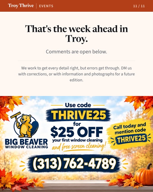 The closing slide: Big Beaver Window Cleaning's ad as it ran in the Troy Thrive, weekend events edition