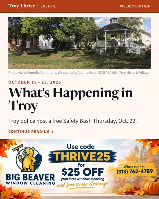 The cover: Big Beaver Window Cleaning's ad as it ran in the Troy Thrive, weekend events edition