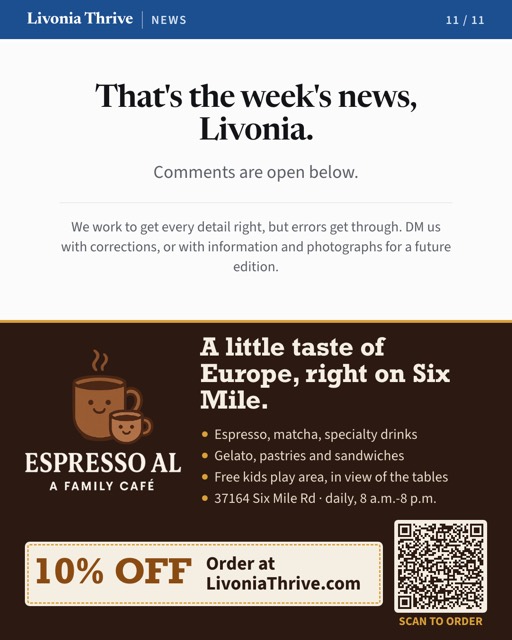 The closing slide: Espresso AL's ad as it ran in the Livonia Thrive, local news edition