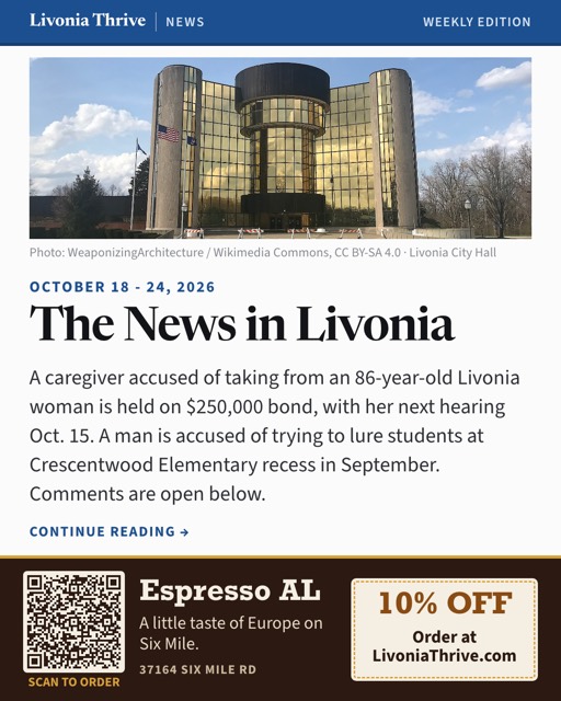 The cover: Espresso AL's ad as it ran in the Livonia Thrive, local news edition